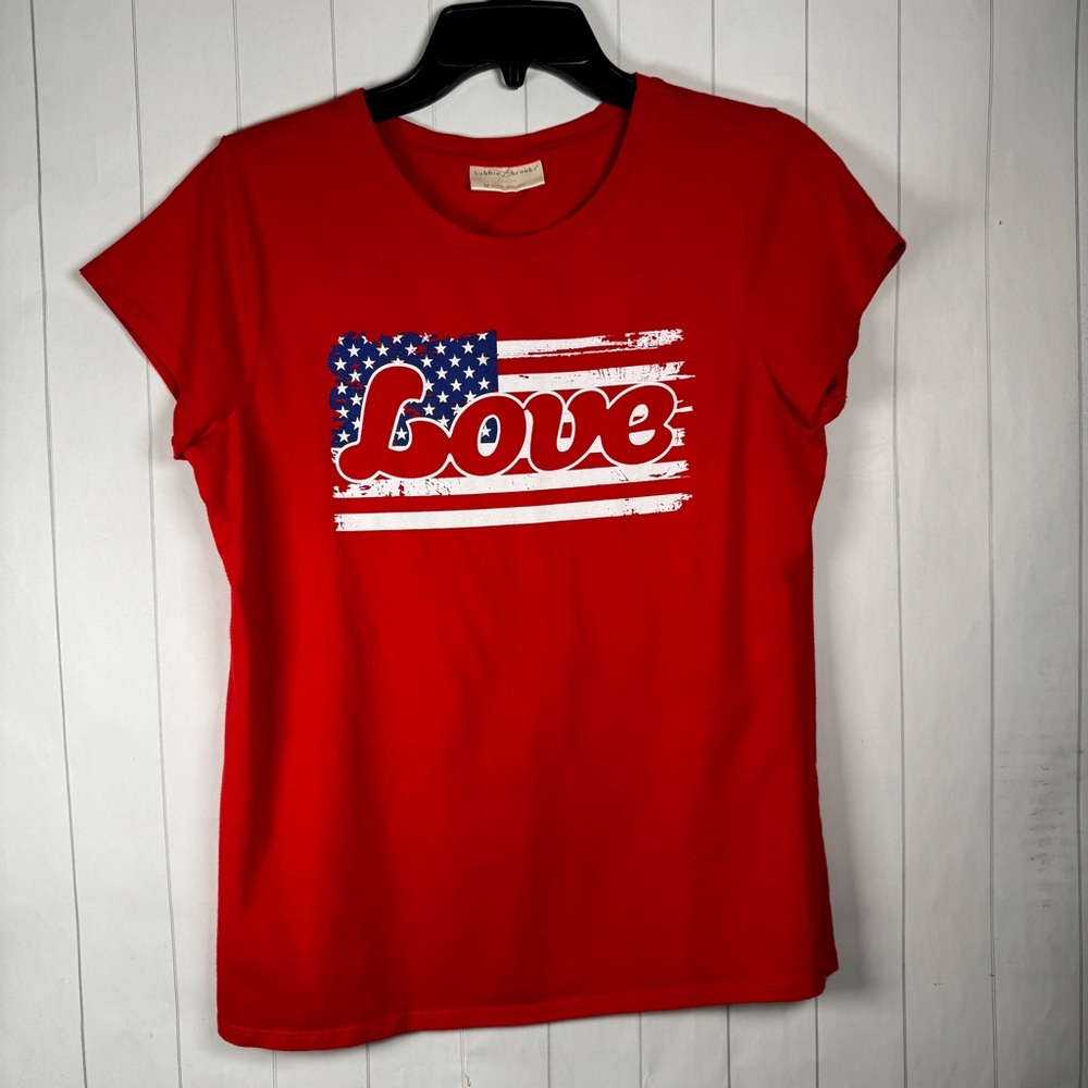 Bobbie Brooks Ladies USA Flag Patriotic “LOVE” Graphic Tee Red Crewneck TShirt M
